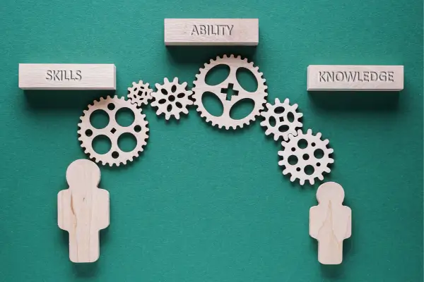 Principais Soft Skills para Programadores Imagem de dois bonecos lado a lado com um fundo verde e algumas habilidades pessoais escritas em retângulos que estão acima deles onde algumas engrenagens flutuam da cabeça do boneco da esquerda para o da direita.