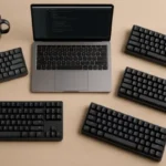 Mesa de trabalho de programador com laptop exibindo código e quatro teclados mecânicos iluminados dispostos sobre tampo de madeira clara, ao lado de uma caneca de café (2025)