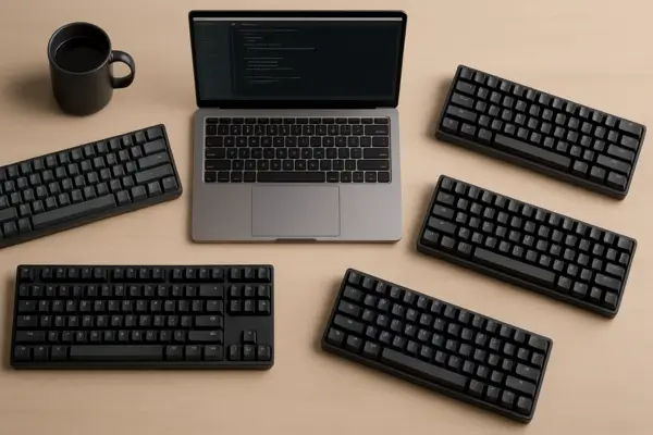 Mesa de trabalho de programador com laptop exibindo código e quatro teclados mecânicos iluminados dispostos sobre tampo de madeira clara, ao lado de uma caneca de café (2025)